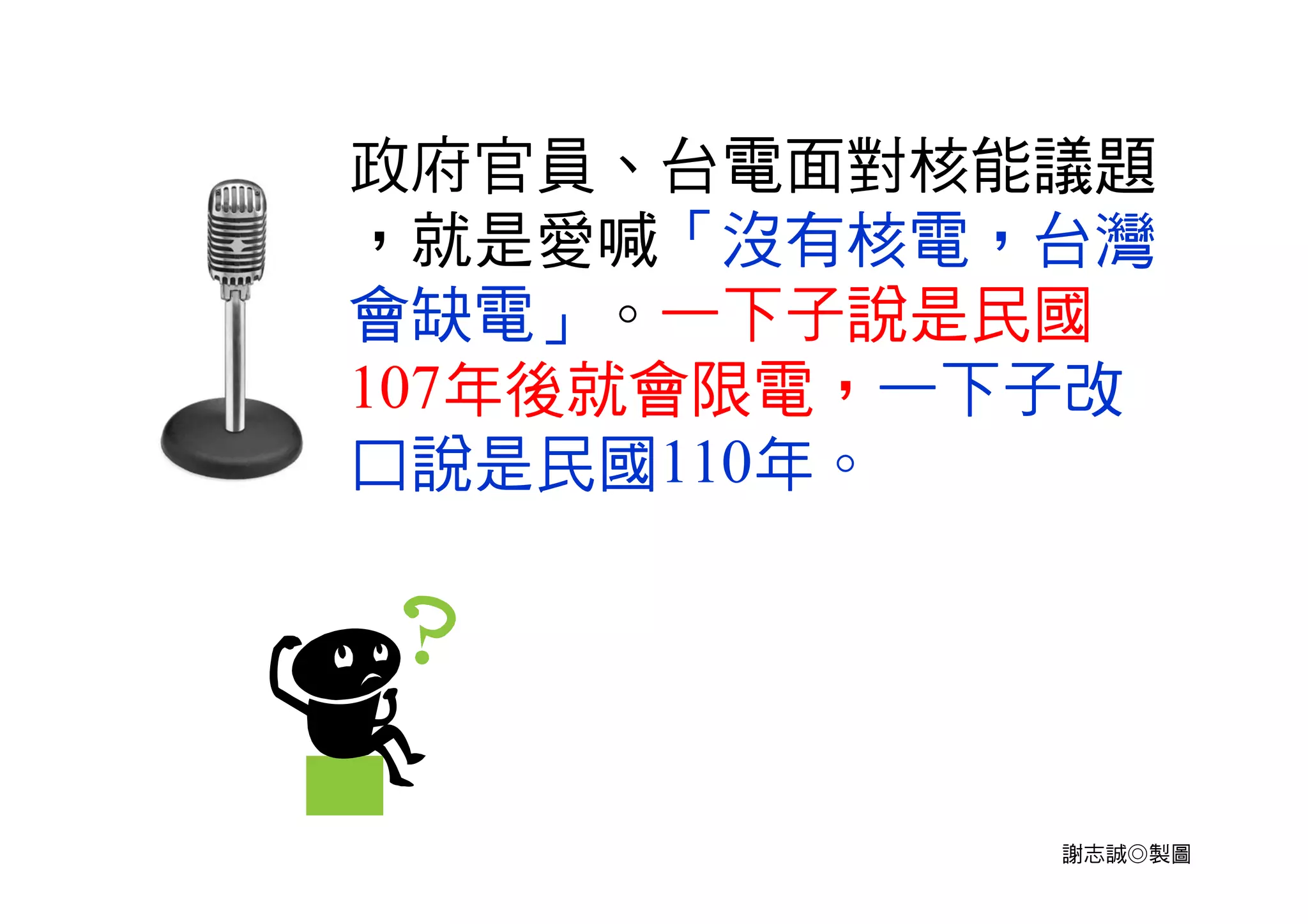 謝志誠◎製圖
政府官員、台電面對核能議題
，就是愛喊「沒有核電，台灣
會缺電」。一下子說是民國
107年後就會限電，一下子改
口說是民國110年。
 