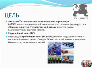  Азиатско-Тихоокеанское экономическое корпорация
(АТЭС) является организацией экономического развития формируется в
1889 году. Азиатско-Тихоокеанский рынок является самым
быстрорастущим торговая группа.
Европейский союз (ЕС)
В 1993 году Европейский союз (ЕС) объединяет 12 государств-членов в
настоящий единого рынка. Сегодня ЕС состоит из 18 членов и население
больше, что 370 миллионов людей
ЦЕЛЬ