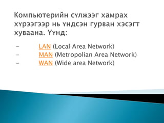 - LAN (Local Area Network)
- MAN (Metropolian Area Network)
- WAN (Wide area Network)
 