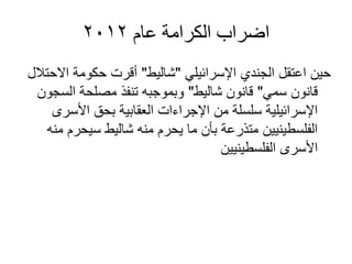 ‫عام‬ ‫الكرامة‬ ‫اضراب‬2012
‫اإلسرائيلي‬ ‫الجندي‬ ‫اعتقل‬ ‫حين‬"‫شاليط‬"‫االحتالل‬ ‫حكومة‬ ‫أقرت‬
‫سمي‬ ‫قانون‬"‫شاليط‬ ‫قانون‬"‫السجون‬ ‫مصلحة‬ ‫تنفذ‬ ‫وبموجبه‬
‫األسرى‬ ‫بحق‬ ‫العقابية‬ ‫اإلجراءات‬ ‫من‬ ‫سلسلة‬ ‫اإلسرائيلية‬
‫منه‬ ‫سيحرم‬ ‫شاليط‬ ‫منه‬ ‫يحرم‬ ‫ما‬ ‫بأن‬ ‫متذرعة‬ ‫الفلسطينيين‬
‫الفلسطينيين‬ ‫األسرى‬
 