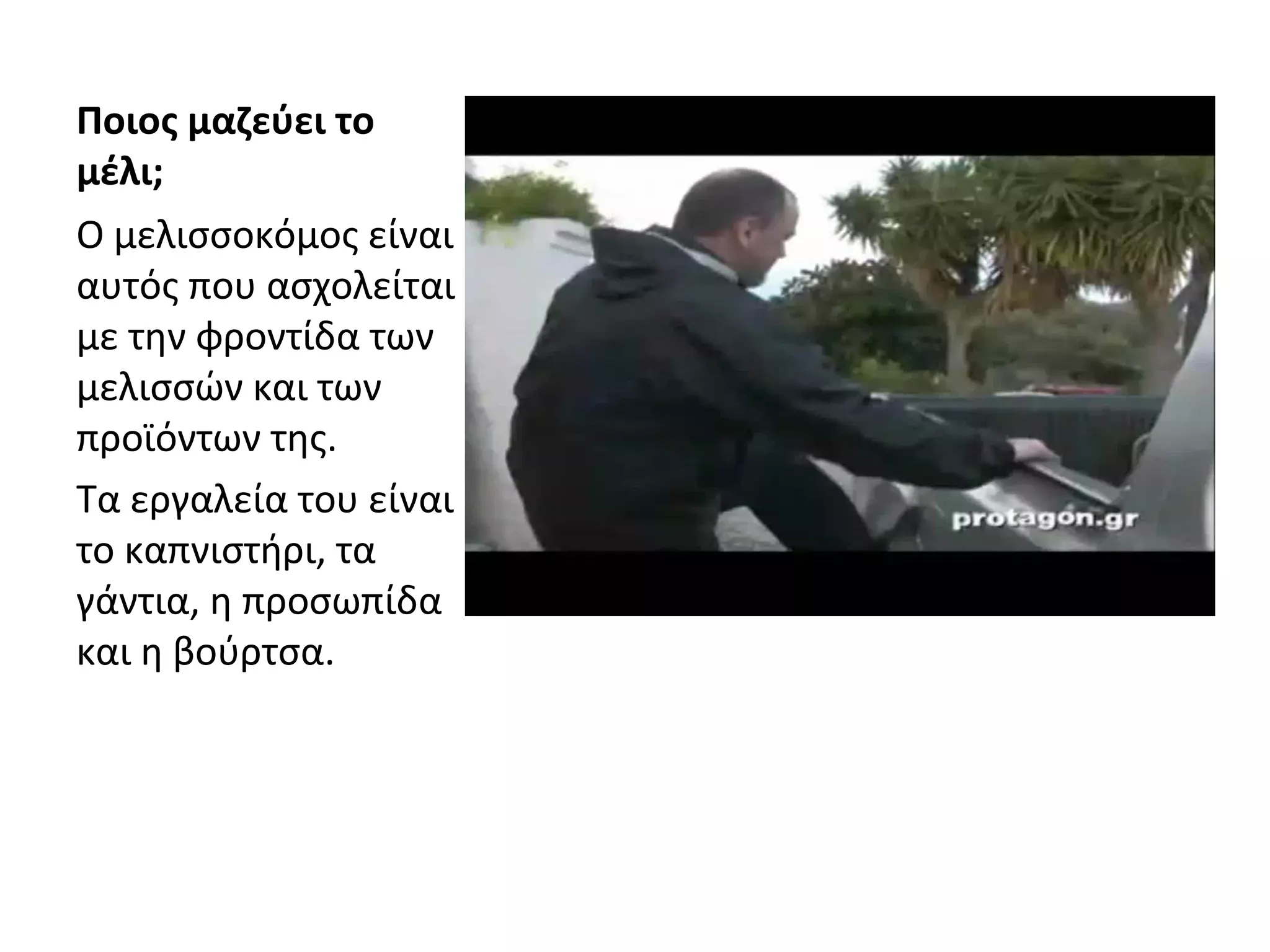 Ποιος μαζεύει το
μέλι;
Ο μελισσοκόμος είναι
αυτός που ασχολείται
με την φροντίδα των
μελισσών και των
προϊόντων της.
Τα εργαλεία του είναι
το καπνιστήρι, τα
γάντια, η προσωπίδα
και η βούρτσα.
 