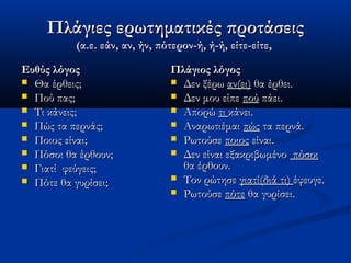Πλάγιες ερωτηματικές προτάσειςΠλάγιες ερωτηματικές προτάσεις
(α.ε. εάν, αν, ήν, πότερον-ή, ή-ή, είτε-είτε,(α.ε. εάν, αν, ήν, πότερον-ή, ή-ή, είτε-είτε,
Ευθύς λόγοςΕυθύς λόγος
 Θα έρθεις;Θα έρθεις;
 Πού πας;Πού πας;
 Τι κάνεις;Τι κάνεις;
 Πώς τα περνάς;Πώς τα περνάς;
 Ποιος είναι;Ποιος είναι;
 Πόσοι θα έρθουν;Πόσοι θα έρθουν;
 Γιατί φεύγεις;Γιατί φεύγεις;
 Πότε θα γυρίσει;Πότε θα γυρίσει;
Πλάγιος λόγοςΠλάγιος λόγος
 Δεν ξέρωΔεν ξέρω αν(ει)αν(ει) θα έρθει.θα έρθει.
 Δεν μου είπεΔεν μου είπε πούπού πάει.πάει.
 ΑπορώΑπορώ τιτι κάνει.κάνει.
 ΑναρωτιέμαιΑναρωτιέμαι πώςπώς τα περνά.τα περνά.
 ΡωτούσεΡωτούσε ποιοςποιος είναι.είναι.
 Δεν είναι εξακριβωμένοΔεν είναι εξακριβωμένο πόσοιπόσοι
θα έρθουν.θα έρθουν.
 Τον ρώτησεΤον ρώτησε γιατί(διά τι)γιατί(διά τι) έφευγε.έφευγε.
 ΡωτούσεΡωτούσε πότεπότε θα γυρίσει.θα γυρίσει.
 