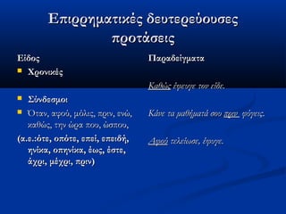Επιρρηματικές δευτερεύουσεςΕπιρρηματικές δευτερεύουσες
προτάσειςπροτάσεις
ΕίδοςΕίδος
 ΧρονικέςΧρονικές
 ΣύνδεσμοιΣύνδεσμοι
 Όταν, αφού, μόλις, πριν, ενώ,Όταν, αφού, μόλις, πριν, ενώ,
καθώς, την ώρα που, ώσπου,καθώς, την ώρα που, ώσπου,
(α.ε.:ότε, οπότε, επεί, επειδή,(α.ε.:ότε, οπότε, επεί, επειδή,
ηνίκα, οπηνίκα, έως, έστε,ηνίκα, οπηνίκα, έως, έστε,
άχρι, μέχρι, πριν)άχρι, μέχρι, πριν)
ΠαραδείγματαΠαραδείγματα
ΚαθώςΚαθώς έφευγε τον είδε.έφευγε τον είδε.
Κάνε τα μαθήματά σουΚάνε τα μαθήματά σου πρινπριν φύγεις.φύγεις.
ΑφούΑφού τελείωσε, έφυγε.τελείωσε, έφυγε.
 