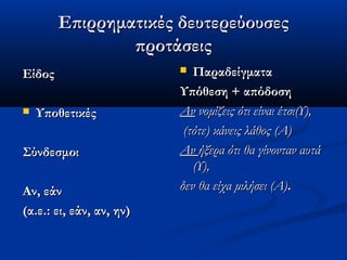 Επιρρηματικές δευτερεύουσεςΕπιρρηματικές δευτερεύουσες
προτάσειςπροτάσεις
ΕίδοςΕίδος
 ΥποθετικέςΥποθετικές
ΣύνδεσμοιΣύνδεσμοι
Αν, εάνΑν, εάν
(α.ε.: ει, εάν, αν, ην)(α.ε.: ει, εάν, αν, ην)
 ΠαραδείγματαΠαραδείγματα
Υπόθεση + απόδοσηΥπόθεση + απόδοση
ΑνΑν νομίζεις ότι είναι έτσι(Υ),νομίζεις ότι είναι έτσι(Υ),
(τότε) κάνεις λάθος (Α)(τότε) κάνεις λάθος (Α)
ΑνΑν ήξερα ότι θα γίνονταν αυτάήξερα ότι θα γίνονταν αυτά
(Υ),(Υ),
δεν θα είχα μιλήσει (Α)δεν θα είχα μιλήσει (Α)..
 