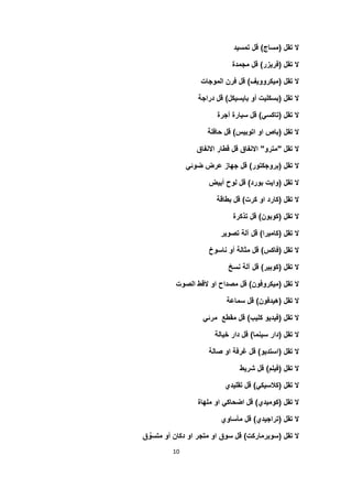 10
‫تقل‬ ‫ال‬(‫مساج‬)‫تمسٌد‬ ‫قل‬
‫تقل‬ ‫ال‬(‫فرٌزر‬)‫مجمدة‬ ‫قل‬
‫تقل‬ ‫ال‬(‫مٌكرووٌؾ‬)‫الموجات‬ ‫فرن‬ ‫قل‬
‫تقل‬ ‫ال‬(‫باٌسٌكل‬ ‫أو‬ ‫بسكلٌت‬)‫دراجة‬ ‫قل‬
‫تقل‬ ‫ال‬(ً‫تاكس‬)‫أجرة‬ ‫سٌارة‬ ‫قل‬
‫تقل‬ ‫ال‬(‫اتوبٌس‬ ‫او‬ ‫باص‬)‫حافلة‬ ‫قل‬
‫تقل‬ ‫ال‬"‫مترو‬"‫االنفاق‬ ‫قطار‬ ‫قل‬ ‫االنفاق‬
‫تقل‬ ‫ال‬(‫بروجكتور‬)ً‫ضوئ‬ ‫عرض‬ ‫جهاز‬ ‫قل‬
‫تقل‬ ‫ال‬(‫بورد‬ ‫واٌت‬)‫أبٌض‬ ‫لوح‬ ‫قل‬
‫تقل‬ ‫ال‬(‫كرت‬ ‫او‬ ‫كارد‬)‫بطاقة‬ ‫قل‬
‫تقل‬ ‫ال‬(‫كوبون‬)‫تذكرة‬ ‫قل‬
‫تقل‬ ‫ال‬(‫كامٌرا‬)‫تصوٌر‬ ‫آلة‬ ‫قل‬
‫تقل‬ ‫ال‬(‫فاكس‬)‫ناسوخ‬ ‫أو‬ ‫مثالة‬ ‫قل‬
‫تقل‬ ‫ال‬(‫كوبٌر‬)‫نسخ‬ ‫آلة‬ ‫قل‬
‫تقل‬ ‫ال‬(‫مٌكروفون‬)‫الصوت‬ ‫القط‬ ‫او‬ ‫مصداح‬ ‫قل‬
‫تقل‬ ‫ال‬(‫هٌدفون‬)‫سماعة‬ ‫قل‬
‫تقل‬ ‫ال‬(‫كلٌب‬ ‫فٌدٌو‬)ً‫مرئ‬ ‫مقطع‬ ‫قل‬
‫تقل‬ ‫ال‬(‫سٌنما‬ ‫دار‬)‫خٌالة‬ ‫دار‬ ‫قل‬
‫تقل‬ ‫ال‬(‫استدٌو‬)‫صالة‬ ‫او‬ ‫ؼرفة‬ ‫قل‬
‫تقل‬ ‫ال‬(‫فٌلم‬)‫شرٌط‬ ‫قل‬
‫تقل‬ ‫ال‬(ً‫كالسٌك‬)‫تقلٌدي‬ ‫قل‬
‫تقل‬ ‫ال‬(‫كومٌدي‬)‫ملهاة‬ ‫او‬ ً‫اضحاك‬ ‫قل‬
‫تقل‬ ‫ال‬(‫تراجٌدي‬)‫مأساوي‬ ‫قل‬
‫تقل‬ ‫ال‬(‫سوبرماركت‬)‫ق‬ َّ‫متسو‬ ‫أو‬ ‫دكان‬ ‫او‬ ‫متجر‬ ‫او‬ ‫سوق‬ ‫قل‬
 