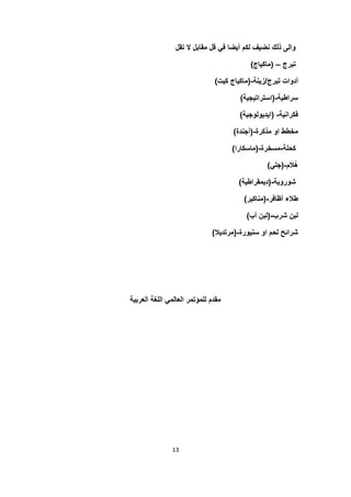 13
‫تقل‬ ‫ال‬ ‫مقابل‬ ‫قل‬ ً‫ف‬ ‫أٌضا‬ ‫لكم‬ ‫نضٌؾ‬ ‫ذلك‬ ‫والى‬
‫تبرج‬–(‫ماكٌاج‬)
‫تبرج‬ ‫أدوات‬/‫زٌنة‬-(‫كٌت‬ ‫ماكٌاج‬)
‫سراطٌة‬-(‫استراتٌجٌة‬)
‫فكرانٌة‬-(‫اٌدٌولوجٌة‬)
‫مذكرة‬ ‫او‬ ‫مخطط‬-(‫أجندة‬)
‫كحلة‬-‫مسخرة‬-(‫ماسكارا‬)
‫ُالم‬‫ه‬-(ً‫جل‬)
‫شوروٌة‬-(‫دٌمقراطٌة‬)
‫أظافر‬ ‫طالء‬-(‫مناكٌر‬)
‫شرب‬ ‫لبن‬-(‫أب‬ ‫لبن‬)
‫سنٌورة‬ ‫او‬ ‫لحم‬ ‫شرائح‬-(‫مرتدٌال‬)
‫العربٌة‬ ‫اللؽة‬ ً‫العالم‬ ‫للمؤتمر‬ ‫مقدم‬
 