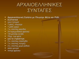 ΑΡΧΑΙΟΕΛΛΗΝΙΚΕΣΑΡΧΑΙΟΕΛΛΗΝΙΚΕΣ
ΣΥΝΤΑΓΕΣΣΥΝΤΑΓΕΣ
 Αρχαιοελληνική Σαλάτα με Πλιγούρι Φέτα και ΡόδιΑρχαιοελληνική Σαλάτα με Πλιγούρι Φέτα και Ρόδι
 ΣυστατικάΣυστατικά
 (για 4 άτομα)(για 4 άτομα)
 1 φλιτζ. πλιγούρι1 φλιτζ. πλιγούρι
 1 ρόδι ώριμο1 ρόδι ώριμο
 1 κ. σούπας καρύδια1 κ. σούπας καρύδια
 3-4 κρεμμυδάκια φρέσκα3-4 κρεμμυδάκια φρέσκα
 1/8 ματσάκι άνηθο1/8 ματσάκι άνηθο
 70γρ. τυρί φέτα70γρ. τυρί φέτα
 για το ντρέσινγκ:για το ντρέσινγκ:
 2 κ. σούπας ελαιόλαδο2 κ. σούπας ελαιόλαδο
 1 κ. σούπας πετιμέζι1 κ. σούπας πετιμέζι
 2 κ. σούπας χυμό ροδιού2 κ. σούπας χυμό ροδιού
 αλάτι χοντρόαλάτι χοντρό
 πιπέρι φρέσκοπιπέρι φρέσκο
 