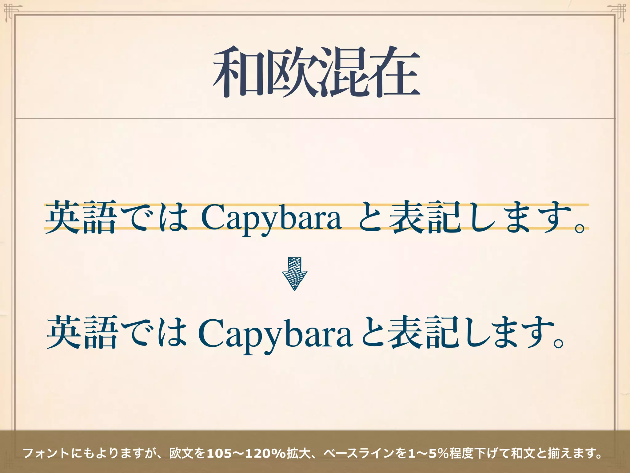 和欧混在
フォントにもよりますが、欧文を105∼120%拡大、ベースラインを1∼5％程度下げて和文と えます。
 