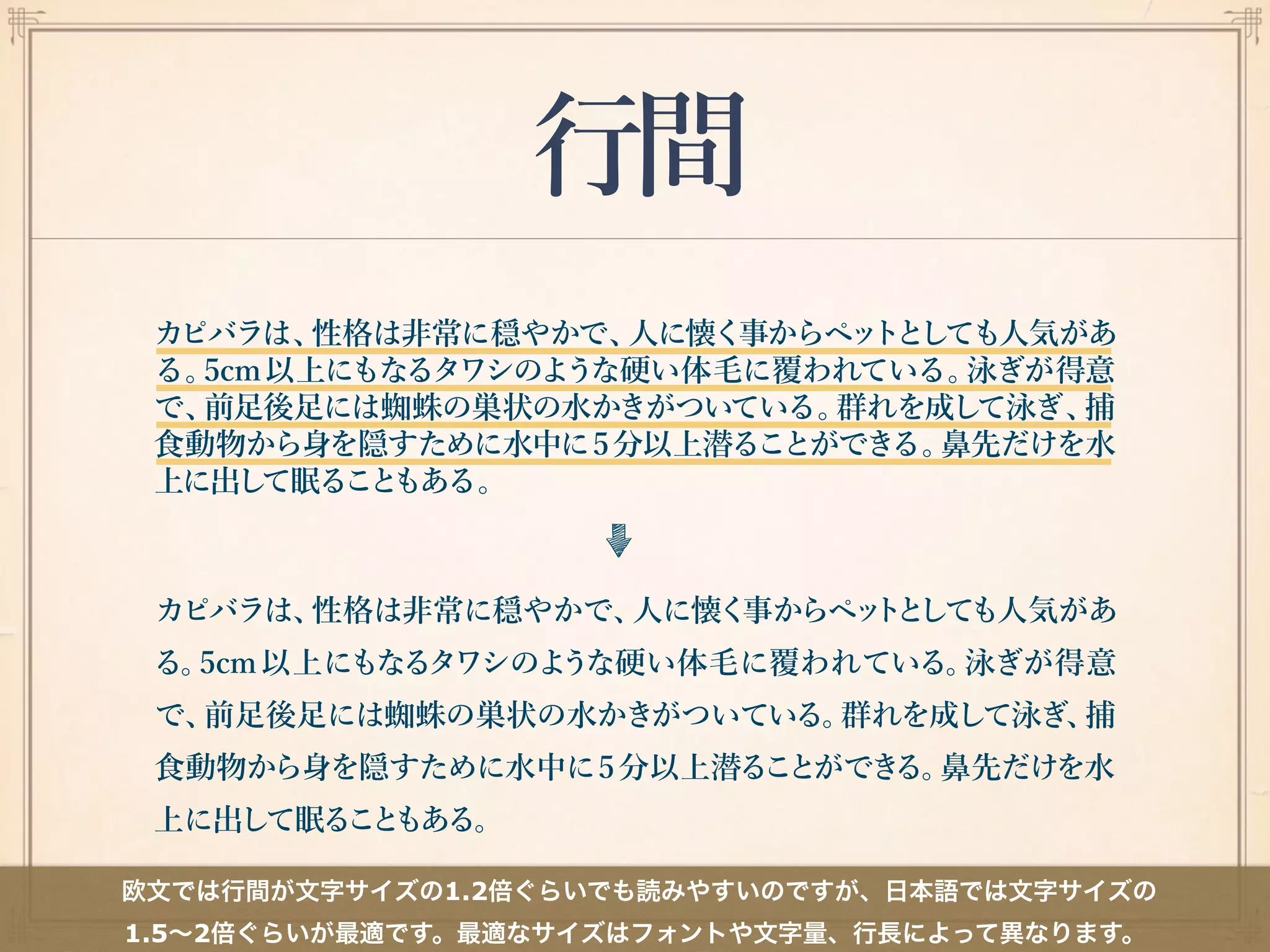 行間
欧文では行間が文字サイズの1.2倍ぐらいでも読みやすいのですが、日本語では文字サイズの
1.5∼2倍ぐらいが最適です。最適なサイズはフォントや文字量、行長によって異なります。
 