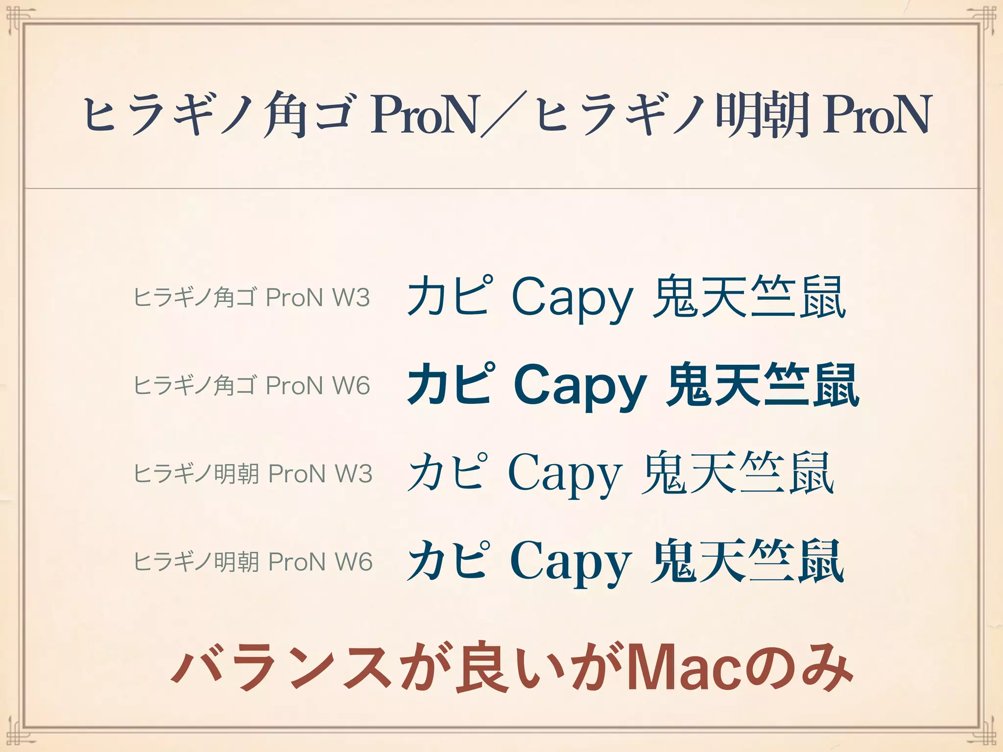 ヒラギノ角ゴ ProN／ヒラギノ明朝 ProN
バランスが良いがMacのみ
 