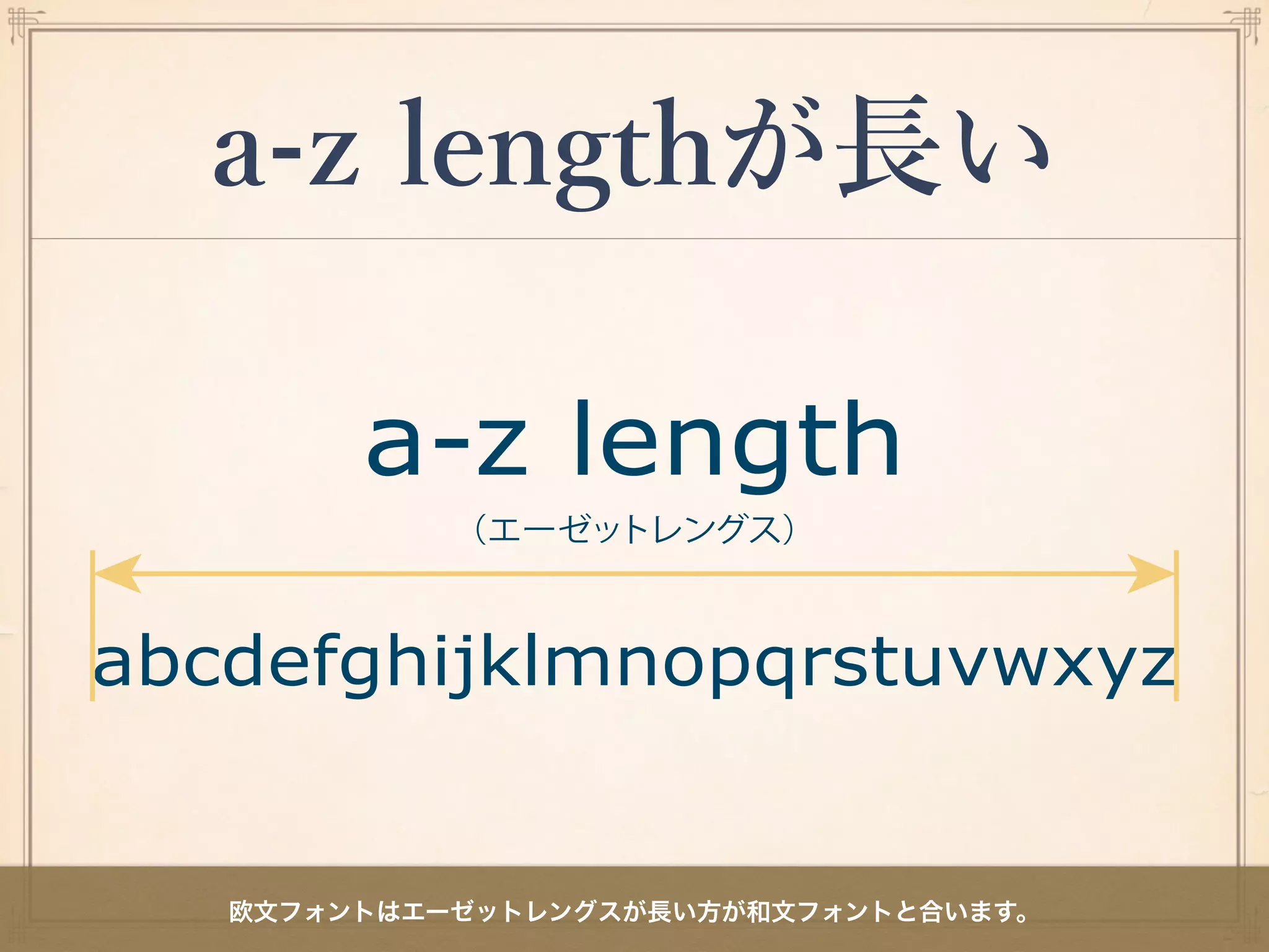 a-z lengthが長い
欧文フォントはエーゼットレングスが長い方が和文フォントと合います。
 