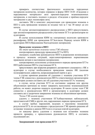 17
проверить соответствие фактического количества переданных
материалов количеству, которое отражено в форме ППЭ 14-01 «Сведения о
передаваемых материалах» акта приемки-передачи экзаменационных
материалов, и поставить подписи в разделе «Сведения о приѐмке-передаче
материалов» в двух экземплярах акта;
доставить ЭМ и комплект документации для проведения экзамена в
ППЭ в день проведения экзамена не позднее чем за 1 час 30 минут до его
начала.
В случае автоматизированного распределения в ППЭ присутствовать
при автоматизированном распределении участников ЕГЭ и организаторов по
аудиториям.
В случае использования КИМ на электронных носителях произвести
расшифровку КИМ для проведения ЕГЭсогласно Порядку печати КИМ в
аудиториях ППЭ (Приложение 8методических материалов).
Проведение экзамена в ППЭ
На этапе проведения экзамена члены ГЭК обязаны:
контролировать процедуру проведения ЕГЭ в ППЭ;
оказывать содействие руководителю ППЭ в разрешении возникающих
в процессе экзамена ситуаций, нерегламентированных нормативными
правовыми актами и настоящими материалами;
контролировать исполнение установленного порядка проведения ЕГЭ в
ППЭ работниками ППЭ и участниками ЕГЭ;
присутствовать при вскрытии резервного доставочного спецпакета с ИК в
аудитории в случае необходимости проведения замены ИК (наличия
полиграфических дефектов, непреднамеренной порчи и др.);
в случае принятия решения об удалении с экзамена участника ЕГЭ
члены ГЭК совместно с руководителем ППЭ и ответственным организатором
в аудитории должен составить акт об удалении участника ЕГЭ с экзамена;
в случае, когда участник ЕГЭ по состоянию здоровья или другим
объективным причинам не может завершить выполнение экзаменационной
работы, он может досрочно покинуть аудиторию. В таком случае член ГЭК
совместно с руководителем ППЭ и организатором в аудитории должен
составить акт о досрочном завершении экзамена по объективным причинам.
Члены ГЭК имеют право:
удалить с экзамена участников ЕГЭ,общественных наблюдателей,
представителей СМИ и других лиц, нарушающих порядок проведения ЕГЭ;
в случае грубых нарушений, ведущих к массовому искажению
результатов ЕГЭ, по согласованию с председателем ГЭК принять решение об
остановке экзамена в данном ППЭ или в отдельно взятой аудитории;
по каждому факту удаления с экзамена или остановки экзамена
провести проверку, с привлечением руководителя ППЭ, и составить
надлежащий акт.
Завершающий этап проведения ЕГЭ
 