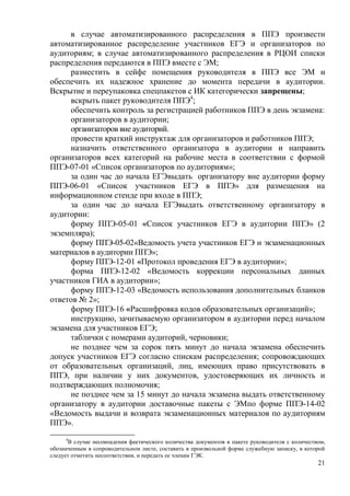 21
в случае автоматизированного распределения в ППЭ произвести
автоматизированное распределение участников ЕГЭ и организаторов по
аудиториям; в случае автоматизированного распределения в РЦОИ списки
распределения передаются в ППЭ вместе с ЭМ;
разместить в сейфе помещения руководителя в ППЭ все ЭМ и
обеспечить их надежное хранение до момента передачи в аудитории.
Вскрытие и переупаковка спецпакетов с ИК категорически запрещены;
вскрыть пакет руководителя ППЭ4
;
обеспечить контроль за регистрацией работников ППЭ в день экзамена:
организаторов в аудитории;
организаторов вне аудиторий.
провести краткий инструктаж для организаторов и работников ППЭ;
назначить ответственного организатора в аудитории и направить
организаторов всех категорий на рабочие места в соответствии с формой
ППЭ-07-01 «Список организаторов по аудиториям»;
за один час до начала ЕГЭвыдать организатору вне аудитории форму
ППЭ-06-01 «Список участников ЕГЭ в ППЭ» для размещения на
информационном стенде при входе в ППЭ;
за один час до начала ЕГЭвыдать ответственному организатору в
аудитории:
форму ППЭ-05-01 «Список участников ЕГЭ в аудитории ППЭ» (2
экземпляра);
форму ППЭ-05-02«Ведомость учета участников ЕГЭ и экзаменационных
материалов в аудитории ППЭ»;
форму ППЭ-12-01 «Протокол проведения ЕГЭ в аудитории»;
форма ППЭ-12-02 «Ведомость коррекции персональных данных
участников ГИА в аудитории»;
форму ППЭ-12-03 «Ведомость использования дополнительных бланков
ответов № 2»;
форму ППЭ-16 «Расшифровка кодов образовательных организаций»;
инструкцию, зачитываемую организатором в аудитории перед началом
экзамена для участников ЕГЭ;
таблички с номерами аудиторий, черновики;
не позднее чем за сорок пять минут до начала экзамена обеспечить
допуск участников ЕГЭ согласно спискам распределения; сопровождающих
от образовательных организаций, лиц, имеющих право присутствовать в
ППЭ, при наличии у них документов, удостоверяющих их личность и
подтверждающих полномочия;
не позднее чем за 15 минут до начала экзамена выдать ответственному
организатору в аудитории доставочные пакеты с ЭМпо форме ППЭ-14-02
«Ведомость выдачи и возврата экзаменационных материалов по аудиториям
ППЭ».
4
В случае несовпадения фактического количества документов в пакете руководителя с количеством,
обозначенным в сопроводительном листе, составить в произвольной форме служебную записку, в которой
следует отметить несоответствия, и передать ее членам ГЭК.
 