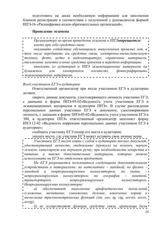 24
подготовить на доске необходимую информацию для заполнения
бланков регистрации в соответствии с полученной у руководителя формой
ППЭ-16 «Расшифровка кодов образовательных организаций».
Проведение экзамена
Организатору во время проведения экзамена в ППЭзапрещается:
иметь при себе средства связи;
оказывать содействие обучающимся, выпускникам прошлых лет, в
том числе передавать им средства связи, электронно-вычислительную
технику, фото, аудио и видеоаппаратуру, справочные материалы,
письменные заметки и иные средства хранения и передачи информации;
выносить из аудиторий и ППЭ экзаменационные материалы на
бумажном или электронном носителях, фотографировать
экзаменационные материалы.
Вход участников ЕГЭ в аудиторию
Ответственный организатор при входе участников ЕГЭ в аудиторию
должен:
сверить данные документа, удостоверяющего личность участника ЕГЭ,
с данными в форме ППЭ-05-02«Ведомость учета участников ЕГЭ и
экзаменационных материалов в аудитории ППЭ». В случае расхождения
персональных данных участника ЕГЭ в документе, удостоверяющем
личность, с данными в форме ППЭ-05-02«Ведомость учета участников ЕГЭ и
ЭМ, в аудитории ППЭ» ответственный организатор заполняет форму
ППЭ 12-02 «Ведомость коррекции персональных данных участников ЕГЭ в
аудитории»;
сообщить участнику ЕГЭ номер его места в аудитории;
указать место, где участник ЕГЭ может оставить свои личные вещи.
Участники ЕГЭ могут взять с собой в аудиторию только документ,
удостоверяющий личность, уведомление (пропуск) на экзамен, черную
гелевую, капиллярную или перьевую ручку, при необходимости лекарства и
питание, а также дополнительные материалы, которые можно
использовать на ЕГЭ по отдельным предметам.
На ЕГЭ разрешается пользоваться следующими дополнительными
устройствами и материалами: по математике – линейкой; по физике –
линейкой и непрограммируемым калькулятором; по химии –
непрограммируемым калькулятором; по географии – линейкой,
транспортиром, непрограммируемым калькулятором.
Непрограммируемые калькуляторы:
а) обеспечивают выполнение арифметических вычислений
(сложение, вычитание, умножение, деление, извлечение корня) и
вычисление тригонометрических функций (sin, cos, tg, ctg, arcsin, arcos,
arctg);
б) не осуществляют функции средства связи, хранилища базы
 