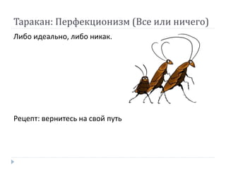 Таракан: Перфекционизм (Все или ничего)
Либо идеально, либо никак.
Рецепт: вернитесь на свой путь
 