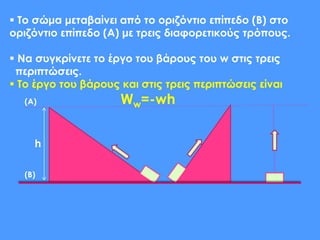 h
 Το σώμα μεταβαίνει από το οριζόντιο επίπεδο (B) στο
οριζόντιο επίπεδο (A) με τρεις διαφορετικούς τρόπους.
 Να συγκρίνετε το έργο του βάρους του w στις τρεις
περιπτώσεις.
 Το έργο του βάρους και στις τρεις περιπτώσεις είναι
Ww=-wh(Α)
(Β)
 