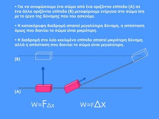 (Α)
(Β)
 Για να ανυψώσουμε ένα σώμα από ένα οριζόντιο επίπεδο (Α) σε
ένα άλλο οριζόντιο επίπεδο (Β) μεταφέρουμε ενέργεια στο σώμα ίση
με το έργο της δύναμης που του ασκούμε.
 Η κατακόρυφη διαδρομή απαιτεί μεγαλύτερη δύναμη, η απόσταση
όμως που διανύει το σώμα είναι μικρότερη.
 Η διαδρομή στο λείο κεκλιμένο επίπεδο απαιτεί μικρότερη δύναμη,
αλλά η απόσταση που διανύει το σώμα είναι μεγαλύτερη.
W=FΔx W=FΔx
 