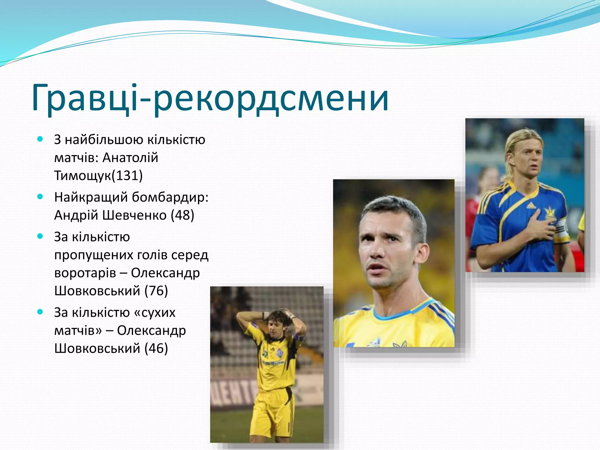 Гравці-рекордсмени
 З найбільшою кількістю
матчів: Анатолій
Тимощук(131)
 Найкращий бомбардир:
Андрій Шевченко (48)
 За кількістю
пропущених голів серед
воротарів – Олександр
Шовковський (76)
 За кількістю «сухих
матчів» – Олександр
Шовковський (46)
 