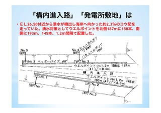 「構内進入路」「発電所敷地」は
・ＥＬ26.50付近から湧水が噴出し海岸へ向かった約2.3％のコウ配を
 走っていた。湧水対策としてウエルポイントを北側187ｍに158本、南
 側に193ｍ、145本、1.2ｍ間隔て配置した。
 