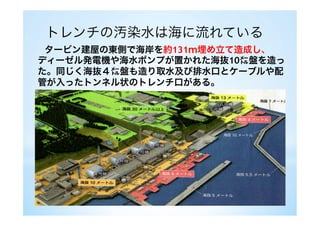  タービン建屋の東側で海岸を約131ｍ埋め立て造成し、
ディーゼル発電機や海水ポンプが置かれた海抜10㍍盤を造っ
た。同じく海抜４㍍盤も造り取水及び排水口とケーブルや配
管が入ったトンネル状のトレンチ口がある。
トレンチの汚染水は海に流れている
 