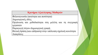 Κριτήρια Αξιολόγησης Μαθητών
Φιλαναγνωσία (ποιότητα και ποσότητα)
Δημιουργικές ιδέες
Οργάνωση και μεθοδικότητα στη μελέτη και τη συγγραφή
εργασιών
Παραγωγή λόγου-Δημιουργική γραφή
Θετική δράση (και επίδραση) στην υπόλοιπη σχολική κοινότητα
Διακρίσεις
 