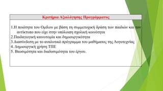 Κριτήρια Αξιολόγησης Προγράμματος
1.Η ποιότητα του Ομίλου με βάση τη συμμετοχική δράση των παιδιών και τον
αντίκτυπο που είχε στην υπόλοιπη σχολική κοινότητα
2.Παιδαγωγική καινοτομία και δημιουργικότητα
3.Διασύνδεση με το αναλυτικό πρόγραμμα του μαθήματος της Λογοτεχνίας
4. Δημιουργική χρήση ΤΠΕ
5. Βιωσιμότητα και διαδοσιμότητα του έργου.
 