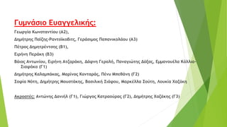 Γυμνάσιο Ευαγγελικής:
Γεωργία Κωνσταντίου (Α2),
Δημήτρης Παϊζης-Ραντοϊκοβιτς, Γεράσιμος Παπανικολάου (Α3)
Πέτρος Δημητρέντσης (Β1),
Ειρήνη Περάκη (Β3)
Βάιος Αντωνίου, Ειρήνη Ατζαράκη, Δάφνη Γεραλή, Παναγιώτης Δόξας, Εμμανουέλα Κόλλια-
Σιαφάκα (Γ1)
Δημήτρης Καλαμπάκας, Μαρίνος Κονταράς, Πένυ Μπεθάνη (Γ2)
Σοφία Νότη, Δημήτρης Μουστάκης, Βασιλική Σιάφου, Μαρκέλλα Σούτη, Λουκία Χαζάκη
Ακροατές: Αντώνης Δανιήλ (Γ1), Γιώργος Κατραούρας (Γ2), Δημήτρης Χαζάκης (Γ3)
 