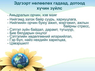 - Амьдралын орчин, хэв маяг
- Нийгэмд эзлэх байр суурь, хариуцлага,
- Нийгмийн орчин буюу ажил, мэргэжил, ажлын
. байрны стресс,
- Сэтгэл зүйн байдал, дарамт, түгшүүр,
- Бие бялдарын онцлог
- Сэтгэлийн хөдөлгөөний илэрхийлэл,
- Гэр бүл, найз нөхдийн харилцаа,
- Цэвэршилт
Эдгээрт нөлөөлөх гадаад, дотоод
хүчин зүйлс
 