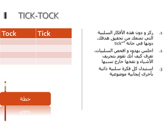 TICK-TOCK
.1‫ركز‬‫و‬‫السلبية‬ ‫األفكار‬ ‫هذه‬ ‫دون‬
‫هدفك‬ ‫تحقيق‬ ‫من‬ ‫تمنعك‬ ‫التي‬.
‫خانة‬ ‫في‬ ‫دونها‬”tick“
.2‫بهدوء‬ ‫اجلس‬‫و‬‫السلبيات‬ ‫افحص‬.
‫بتحريف‬ ‫تقوم‬ ‫أنك‬ ‫كيف‬ ‫تعرف‬
‫األشياء‬‫و‬‫نسبها‬ ‫خارج‬ ‫نفخها‬
.3‫ذاتي‬ ‫سلبية‬ ‫فكرة‬ ‫كل‬ ‫استبدل‬‫ة‬
‫موضوعية‬ ‫إيجابية‬ ‫بأخرى‬
Tock Tick
‫خطة‬
 