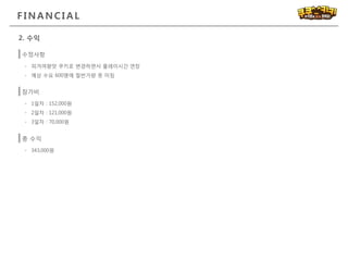 FINANC I AL
2. 수익
참가비
- 1일차 : 152,000원
- 2일차 : 121,000원
- 3일차 : 70,000원
총 수익
- 343,000원
수정사항
- 피겨여왕맛 쿠키로 변경하면서 플레이시간 연장
- 예상 수요 600명에 절반가량 못 미침
 