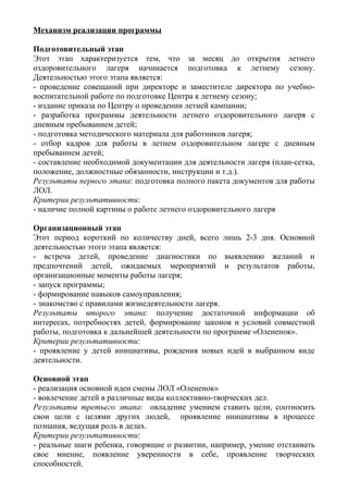 Механизм реализации программы
Подготовительный этап
Этот этап характеризуется тем, что за месяц до открытия летнего
оздоровительного лагеря начинается подготовка к летнему сезону.
Деятельностью этого этапа является:
- проведение совещаний при директоре и заместителе директора по учебно-
воспитательной работе по подготовке Центра к летнему сезону;
- издание приказа по Центру о проведении летней кампании;
- разработка программы деятельности летнего оздоровительного лагеря с
дневным пребыванием детей;
- подготовка методического материала для работников лагеря;
- отбор кадров для работы в летнем оздоровительном лагере с дневным
пребыванием детей;
- составление необходимой документации для деятельности лагеря (план-сетка,
положение, должностные обязанности, инструкции и т.д.).
Результаты первого этапа: подготовка полного пакета документов для работы
ЛОЛ.
Критерии результативности:
- наличие полной картины о работе летнего оздоровительного лагеря
Организационный этап
Этот период короткий по количеству дней, всего лишь 2-3 дня. Основной
деятельностью этого этапа является:
- встреча детей, проведение диагностики по выявлению желаний и
предпочтений детей, ожидаемых мероприятий и результатов работы,
организационные моменты работы лагеря;
- запуск программы;
- формирование навыков самоуправления;
- знакомство с правилами жизнедеятельности лагеря.
Результаты второго этапа: получение достаточной информации об
интересах, потребностях детей, формирование законов и условий совместной
работы, подготовка к дальнейшей деятельности по программе «Олененок».
Критерии результативности:
- проявление у детей инициативы, рождения новых идей в выбранном виде
деятельности.
Основной этап
- реализация основной идеи смены ЛОЛ «Олененок»
- вовлечение детей в различные виды коллективно-творческих дел.
Результаты третьего этапа: овладение умением ставить цели, соотносить
свои цели с целями других людей, проявление инициативы в процессе
познания, ведущая роль в делах.
Критерии результативности:
- реальные шаги ребенка, говорящие о развитии, например, умение отстаивать
свое мнение, появление уверенности в себе, проявление творческих
способностей.
 