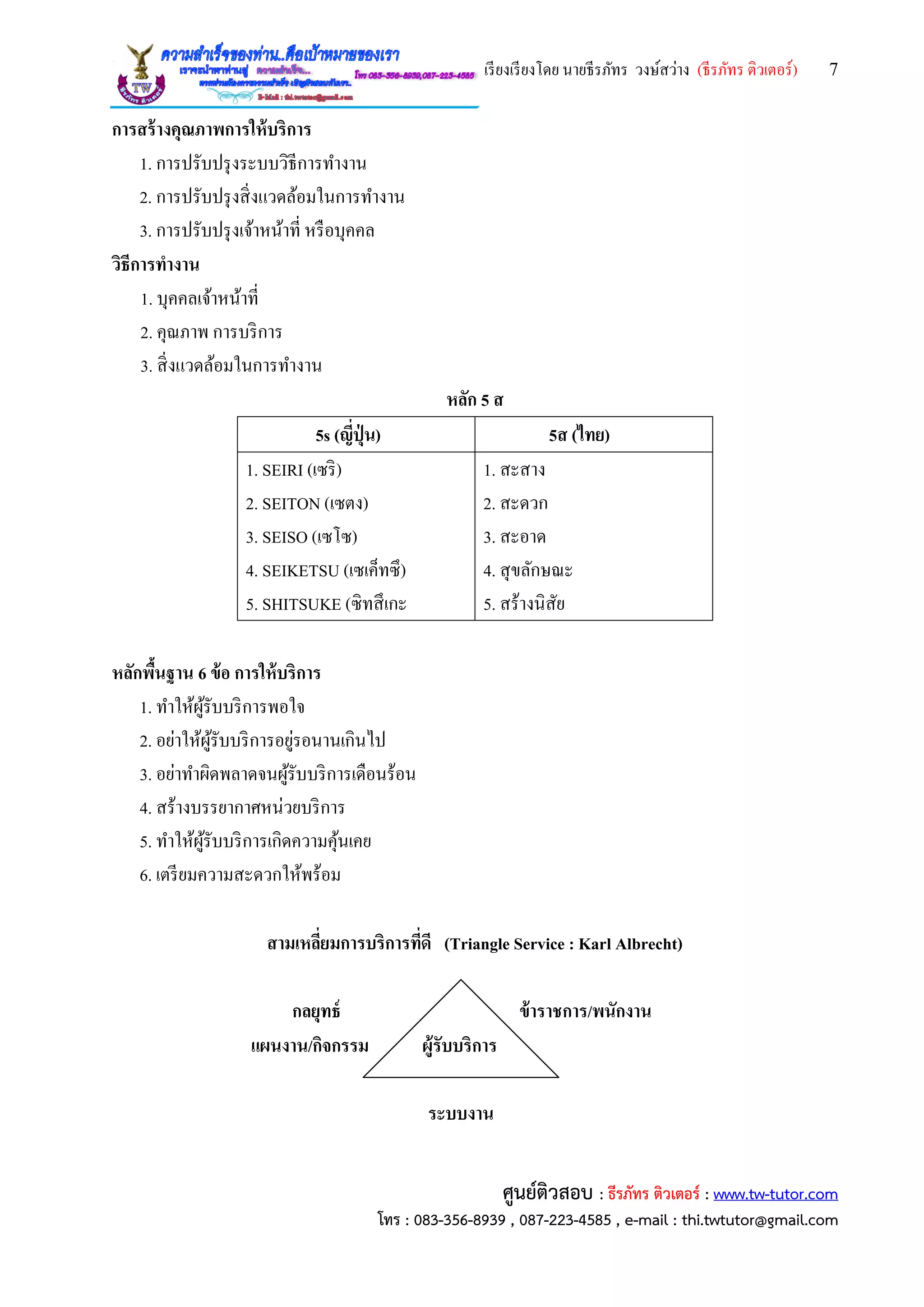 เรียงเรียงโดย นายธีรภัทร วงษ์สว่าง (ธีรภัทร ติวเตอร์) 7
ศูนย์ติวสอบ : ธีรภัทร ติวเตอร์ : www.tw-tutor.com
โทร : 083-356-8939 , 087-223-4585 , e-mail : thi.twtutor@gmail.com
การสร้างคุณภาพการให้บริการ
1. การปรับปรุงระบบวิธีการทางาน
2. การปรับปรุงสิ่งแวดล้อมในการทางาน
3. การปรับปรุงเจ้าหน้าที่ หรือบุคคล
วิธีการทางาน
1. บุคคลเจ้าหน้าที่
2. คุณภาพ การบริการ
3. สิ่งแวดล้อมในการทางาน
หลัก 5 ส
5s (ญี่ปุ่ น) 5ส (ไทย)
1. SEIRI (เซริ)
2. SEITON (เซตง)
3. SEISO (เซโซ)
4. SEIKETSU (เซเค็ทซึ)
5. SHITSUKE (ซิทสึเกะ
1. สะสาง
2. สะดวก
3. สะอาด
4. สุขลักษณะ
5. สร้างนิสัย
หลักพื้นฐาน 6 ข้อ การให้บริการ
1. ทาให้ผู้รับบริการพอใจ
2. อย่าให้ผู้รับบริการอยู่รอนานเกินไป
3. อย่าทาผิดพลาดจนผู้รับบริการเดือนร้อน
4. สร้างบรรยากาศหน่วยบริการ
5. ทาให้ผู้รับบริการเกิดความคุ้นเคย
6. เตรียมความสะดวกให้พร้อม
สามเหลี่ยมการบริการที่ดี (Triangle Service : Karl Albrecht)
กลยุทธ์ ข้าราชการ/พนักงาน
แผนงาน/กิจกรรม ผู้รับบริการ
ระบบงาน
 