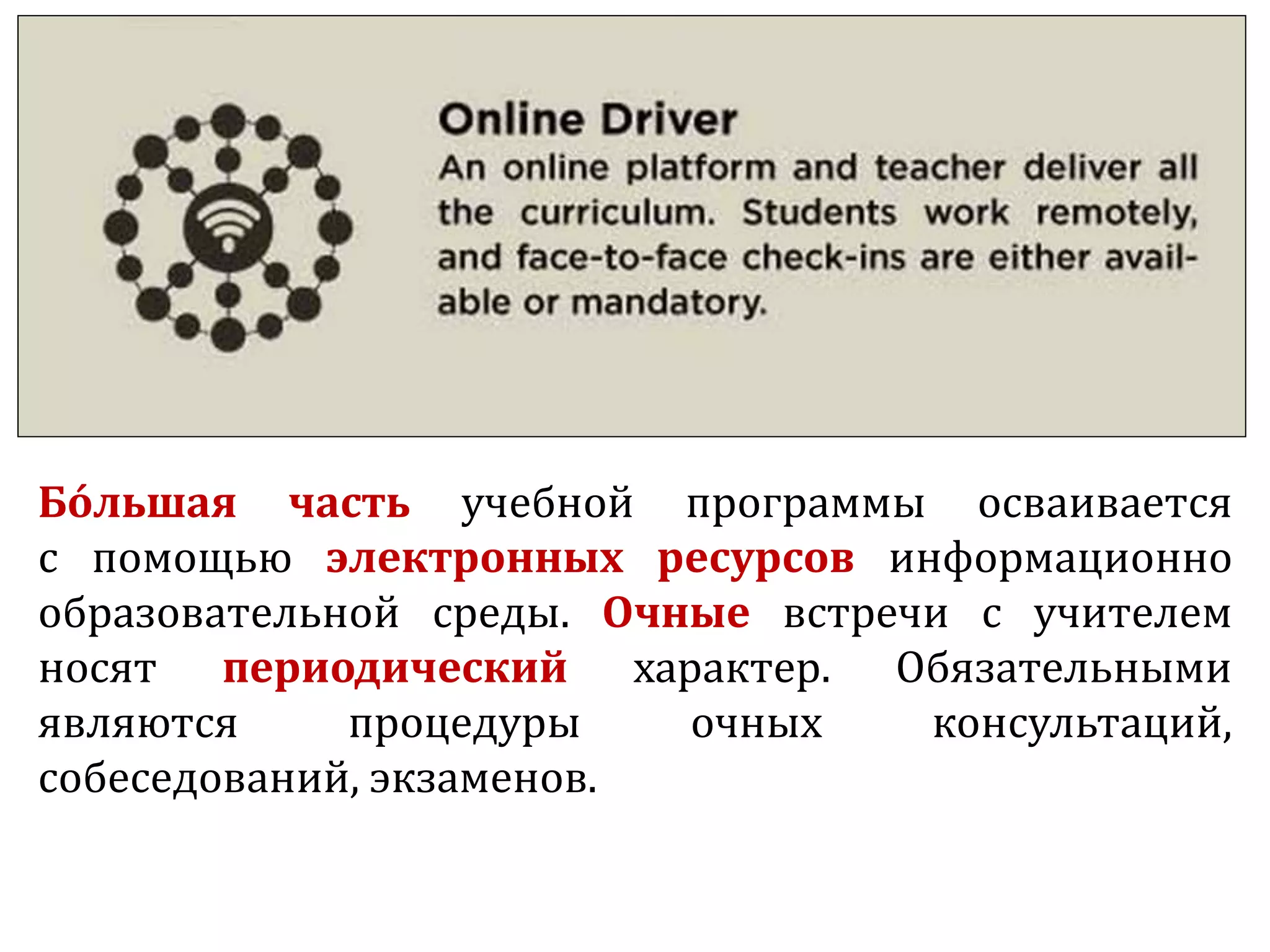 Бóльшая часть учебной программы осваивается
с помощью электронных ресурсов информационно
образовательной среды. Очные встречи с учителем
носят периодический характер. Обязательными
являются процедуры очных консультаций,
собеседований, экзаменов.
 