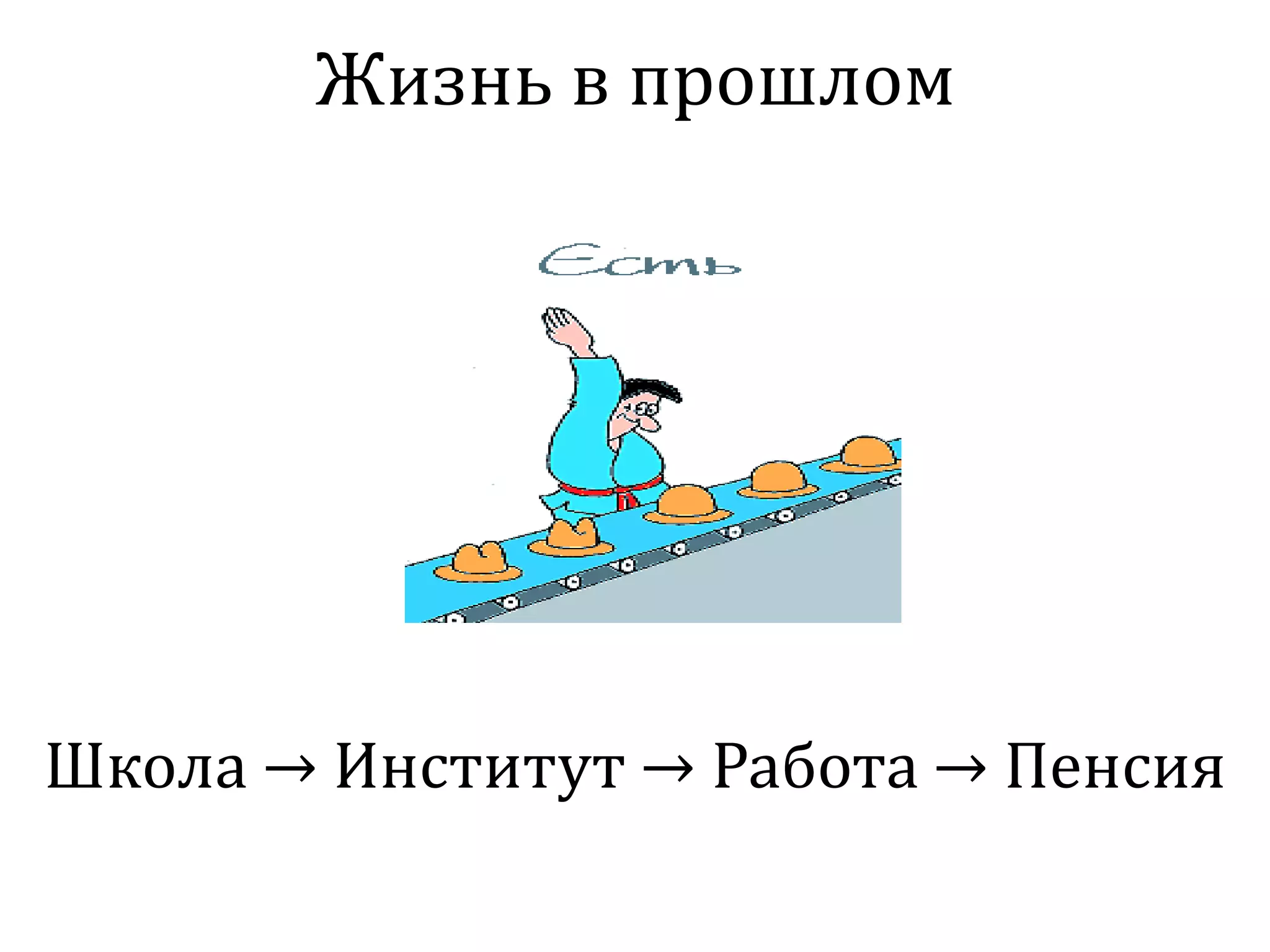 Жизнь в прошлом
Школа → Институт → Работа → Пенсия
 