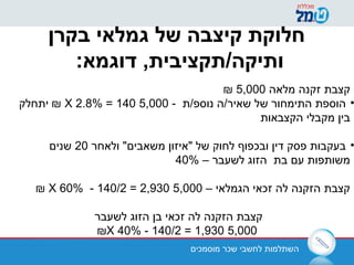 ‫מוסמכים‬ ‫שכר‬ ‫לחשבי‬ ‫השתלמות‬
‫בקרן‬ ‫גמלאי‬ ‫של‬ ‫קיצבה‬ ‫חלוקת‬
:‫דוגמא‬ ,‫ותיקה/תקציבית‬
‫מלאה‬ ‫זקנה‬ ‫קצבת‬5,000₪
•- ‫נוספ/ת‬ ‫שאיר/ה‬ ‫של‬ ‫התימחור‬ ‫הוספת‬5,000X 2.8% = 140‫יתחלק‬ ₪
‫הקצבאות‬ ‫מקבלי‬ ‫בין‬
•‫ולאחר‬ "‫משאבים‬ ‫"איזון‬ ‫של‬ ‫לחוק‬ ‫ובכפוף‬ ‫דין‬ ‫פסק‬ ‫בעקבות‬20‫שנים‬
– ‫לשעבר‬ ‫הזוג‬ ‫בת‬ ‫עם‬ ‫משותפות‬40%
– ‫הגמלאי‬ ‫זכאי‬ ‫לה‬ ‫הזקנה‬ ‫קצבת‬5,000X 60% - 140/2 = 2,930₪
‫לשעבר‬ ‫הזוג‬ ‫בן‬ ‫זכאי‬ ‫לה‬ ‫הזקנה‬ ‫קצבת‬
5,000X 40% - 140/2 = 1,930₪
 