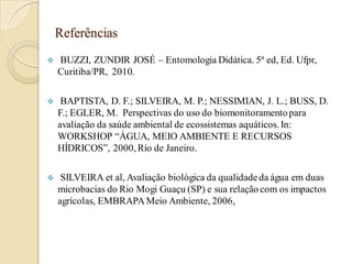  BUZZI, ZUNDIR JOSÉ – Entomologia Didática. 5ª ed, Ed. Ufpr,
Curitiba/PR, 2010.
 BAPTISTA, D. F.; SILVEIRA, M. P.; NESSIMIAN, J. L.; BUSS, D.
F.; EGLER, M. Perspectivas do uso do biomonitoramentopara
avaliação da saúde ambiental de ecossistemas aquáticos. In:
WORKSHOP “ÁGUA, MEIO AMBIENTE E RECURSOS
HÍDRICOS”, 2000, Rio de Janeiro.
 SILVEIRA et al, Avaliação biológica da qualidadeda água em duas
microbacias do Rio Mogi Guaçu (SP) e sua relação com os impactos
agrícolas, EMBRAPAMeio Ambiente, 2006,
Referências
 
