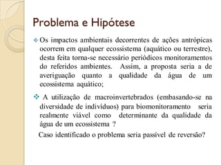 Problema e Hipótese
 Os impactos ambientais decorrentes de ações antrópicas
ocorrem em qualquer ecossistema (aquático ou terrestre),
desta feita torna-se necessário periódicos monitoramentos
do referidos ambientes. Assim, a proposta seria a de
averiguação quanto a qualidade da água de um
ecossistema aquático;
 A utilização de macroinvertebrados (embasando-se na
diversidade de indivíduos) para biomonitoramento seria
realmente viável como determinante da qualidade da
água de um ecossistema ?
Caso identificado o problema seria passível de reversão?
 