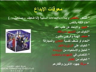 ‫البداع‬ ‫معوقات‬
‫الشعور‬ *‫بالنقص‬(.... ‫مستحيل‬ – ‫ضعيف‬ ‫)أنا‬ ‫السلبية‬ ‫باليحاءات‬ ‫وابتلء‬
*‫بالنفس‬ ‫الثقة‬ ‫عدم‬
*‫الجهل‬‫اعلم‬ ‫طلب‬ ‫عن‬ ‫والبتعاد‬
*‫من‬ ‫الخوف‬‫والنقد‬ ‫الستهزاء‬
*‫ضعف‬‫بالدون‬ ‫والرضى‬ ‫الهمة‬
*‫نفسية‬ ‫ضعف‬ ‫أو‬ ‫انعدام‬‫التحدي‬‫والمجارزفة‬
‫على‬ ‫الخوف‬ *‫والجل‬ ‫الررزق‬
*‫من‬ ‫والستحياء‬ ‫الخجل‬‫الرؤساء‬
‫في‬ ‫النغماس‬ *‫والمفاسد‬ ‫الشهوات‬
*‫من‬ ‫الخوف‬‫الفشل‬
*‫سرقة‬‫وأفكارهم‬ ‫الخرين‬ ‫جهود‬
 