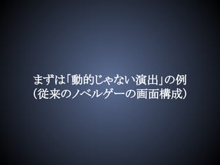 まずは「動的じゃない演出」の例
（従来のノベルゲーの画面構成）
 