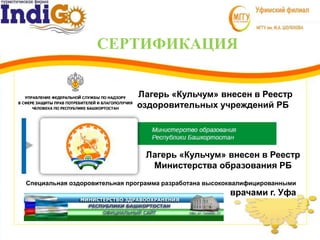 СЕРТИФИКАЦИЯ
3
1 Лагерь «Кульчум» внесен в Реестр
оздоровительных учреждений РБ
Специальная оздоровительная программа разработана высококвалифицированными
врачами г. Уфа
Лагерь «Кульчум» внесен в Реестр
Министерства образования РБ
 