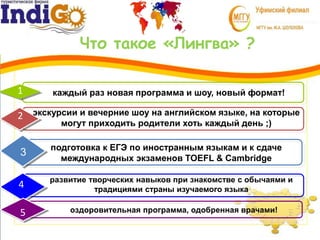 Что такое «Лингва» ?
2
4
5
развитие творческих навыков при знакомстве с обычаями и
традициями страны изучаемого языка
оздоровительная программа, одобренная врачами!
1
подготовка к ЕГЭ по иностранным языкам и к сдаче
международных экзаменов TOEFL & Cambridge
3
экскурсии и вечерние шоу на английском языке, на которые
могут приходить родители хоть каждый день ;)
каждый раз новая программа и шоу, новый формат!
 