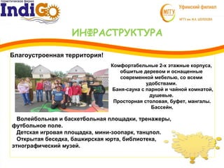 ИНФРАСТРУКТУРА
3
1 Комфортабельные 2-х этажные корпуса,
обшитые деревом и оснащенные
современной мебелью, со всеми
удобствами.
Баня-сауна с парной и чайной комнатой,
душевые.
Просторная столовая, буфет, мангалы.
Бассейн.
Волейбольная и баскетбольная площадки, тренажеры,
футбольное поле.
Детская игровая площадка, мини-зоопарк, танцпол.
Открытая беседка, башкирская юрта, библиотека,
этнографический музей.
Благоустроенная территория!
 