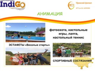 АНИМАЦИЯ
3
1
фотоохота, настольные
игры, лапта,
настольный теннис
СПОРТИВНЫЕ СОСТЯЗАНИЯ
ЭСТАФЕТЫ «Веселые старты»
 