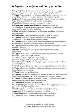 Η Ρωμανία κι αν επέρασεν ανθεί και φέρει κι άλλο
42. Σαρικούζ Θα πει ξανθό κορίτσι στα Τούρκικα. Λέγεται ότι είναι ο χορός του
θερισμού. Υπάρχει σε διάφορες παραλλαγές, σε πολλές περιοχές του Πόντου.
43. Σέρρα: Ο ωραιότερος και διασημότερος χορός. Πήρε την ονομασία του από τον
ποταμό Σέρρα. Υπάρχει σε διαφορετικές μορφές ανάλογα με την περιοχή.
ή Λάζικον: Το όνομα του χορού στην περιοχή του Όφεως όχι γιατί ήταν χορός των
Λαζών αλλά γατί οι Οφλίδες είναι κάτοικοι της Λαζικής χώρας.
ή Τογιαλίδικον: Το όνομα του χορού στην περιοχή Τόνιας
44. Σερανίτσα ή Χαιρεανίτσα ή Εικοσιένα ή Αρμενίτσα Χορός του
Νοτιοανατολικού Πόντου. Πήρε το όνομά του από την περιοχή Χεροίανα όπου
χορευόταν. Στην περιοχή της Αργυρούπολης.
45. Σιτόν Μία μορφή ανάποδου μονού τικ. Χορευόταν στην Ιμέρα. Ο χορός πάει
προς τα αριστερά.
46. Στενά Δρόμα: (Ταρατσού Σοκακλάρ) Χορός της περιοχής Πάφρας
47. Τάμσαρα Χορός της Νικόπολις. Η μουσική είναι παραλλαγή της
"πιπιλομάτενας". Χορευόταν στην Παλτσάνα-Νικόπολις
48. Ταμσάρα Χορός με βάση το Διπάτ. Χορευόταν στα χωριά της Άνω Ματσούκας
& Αργυρούπολις. Η μουσική είναι παραλλαγή της "πιπιλομάτενας"
49. Τέρς (Αγ Ντάγ Μαντέν) Μία μορφή Τρυγώνας με ανάποδο λαβύρινθο. Ο χορός
πάει προς τ’ αριστερά.
ή Γέμουρα Έτσι ονομάζεται ο ίδιος χορός στην επαρχία Κακάτσης στην
Αργυρούπολη
50. Τέρς (Κιουμούς Ματέν) Η τρυγώνα σε διαφορετική χορευτική και μουσική
παραλλαγή. Ο χορός πάει προς τ’ αριστερά .
51. Τικ (Μονό): Χορός της Ματσούκας με έξι βήματα
ή Διπλόν Ο ίδιος χορός όπως ονομάζεται στην Γαλίαινα.
52. Τικ (Διπλόν) ή Τικ Σο Γόνατον: Χορός που χορευόταν σε όλο σχεδόν τον Πόντο
με δέκα (10) βήματα.
53. Τικ (Τρομαχτόν) ή Λαγγευτόν Χορευόταν ιδιαίτερα στα Κοτύωρα και στο Κάρς.
54. Τίταρα ή Τετέ Αγάτς Παραλλαγή του Γετιέρε σε βήματα και μουσική με βάση το
Διπάτ. Χορός της Αργυρούπολης.
55. Τριπάτ Χορός της Ανω Ματσούκας
56. Τρυγώνα Χορευόταν σε παραλλαγές σε διάφορες περιοχές του Πόντου. Πήρε το
όνομά του από τον στοίχο: "Ακεί πέραν σ’ ορμανόπον η Τρυγώνα η Κορώνα"
57. Τυρφών (Τρύφωνας) Χορός της περιοχής Πάφρας. Ο Τρύφωνας ήταν υπαρκτό
πρόσωπο (αρσούης) ο οποίος χόρευε πάντα ανάποδα.
58. Τσοπανλάρ Χωριό ανατολικά της Σινώπης
59. Τσουρτούγουζους Χορός του Κιουμούς Ματέν. Μια μορφή γρήγορου τικ με τα
χέρια κάτω σε διαρκή κίνηση μπρος-πίσω
60. Φόνα Χορός της Αργυρούπολης. Παραλλαγή του Γιουβαρλαντούμ.
ή Αρμενίτσας Ο ίδιος χορός όπως ονομαζόταν στη Γαλίαινα
61. Χάλα-Χάλα Χορός της περιφέρειας Κακάτσης (Αργυρούπολη)
62. Χαλάϊ Χορός του Αγ Ντάγ Ματέν. Ο πρώτος κρατάει μαντήλι.
37
Ο ουρανόν κ’ θάλασσα, η γη κ’ όλια τα πάντα
Έλα πουλίμ’ να χέρουμες πασκίμ θα ζούμε πάντα
 