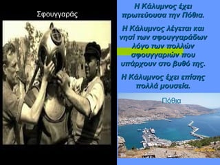 Η Κάλυμνος έχειΗ Κάλυμνος έχει
πρωτεύουσα την Πόθια.πρωτεύουσα την Πόθια.
Η Κάλυμνος λέγεται καιΗ Κάλυμνος λέγεται και
νησί τωννησί των σφουγγαράδωνσφουγγαράδων
λόγο τωνλόγο των πολλώνπολλών
σφουγγαριών πουσφουγγαριών που
υπάρχουν στο βυθό της.υπάρχουν στο βυθό της.
Η Κάλυμνος έχει επίσηςΗ Κάλυμνος έχει επίσης
πολλά μουσεία.πολλά μουσεία.
Πόθια
Σφουγγαράς
 