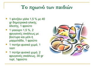 Το πρωινό των παιδιών
 1 φλιτζάνι γάλα 1,5 % με 40
gr δημητριακά ολικής
άλεσης, 1 φρούτο
 1 γιαούρτι 1,5 %, 2
φρυγανιές σικάλεως με
βούτυρο και μέλι ή
μαρμελάδα, 1 φρούτο
 1 ποτήρι φυσικό χυμό, 1
τοστ
 1 ποτήρι φυσικό χυμό, 2
φρυγανιές σικάλεως, 30 gr
τυρί, 1φρούτο
 