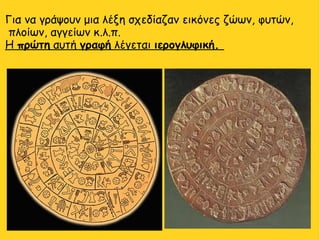Για να γράψουν μια λέξη σχεδίαζαν εικόνες ζώων, φυτών,
πλοίων, αγγείων κ.λ.π.
Η πρώτη αυτή γραφή λέγεται ιερογλυφική.
 