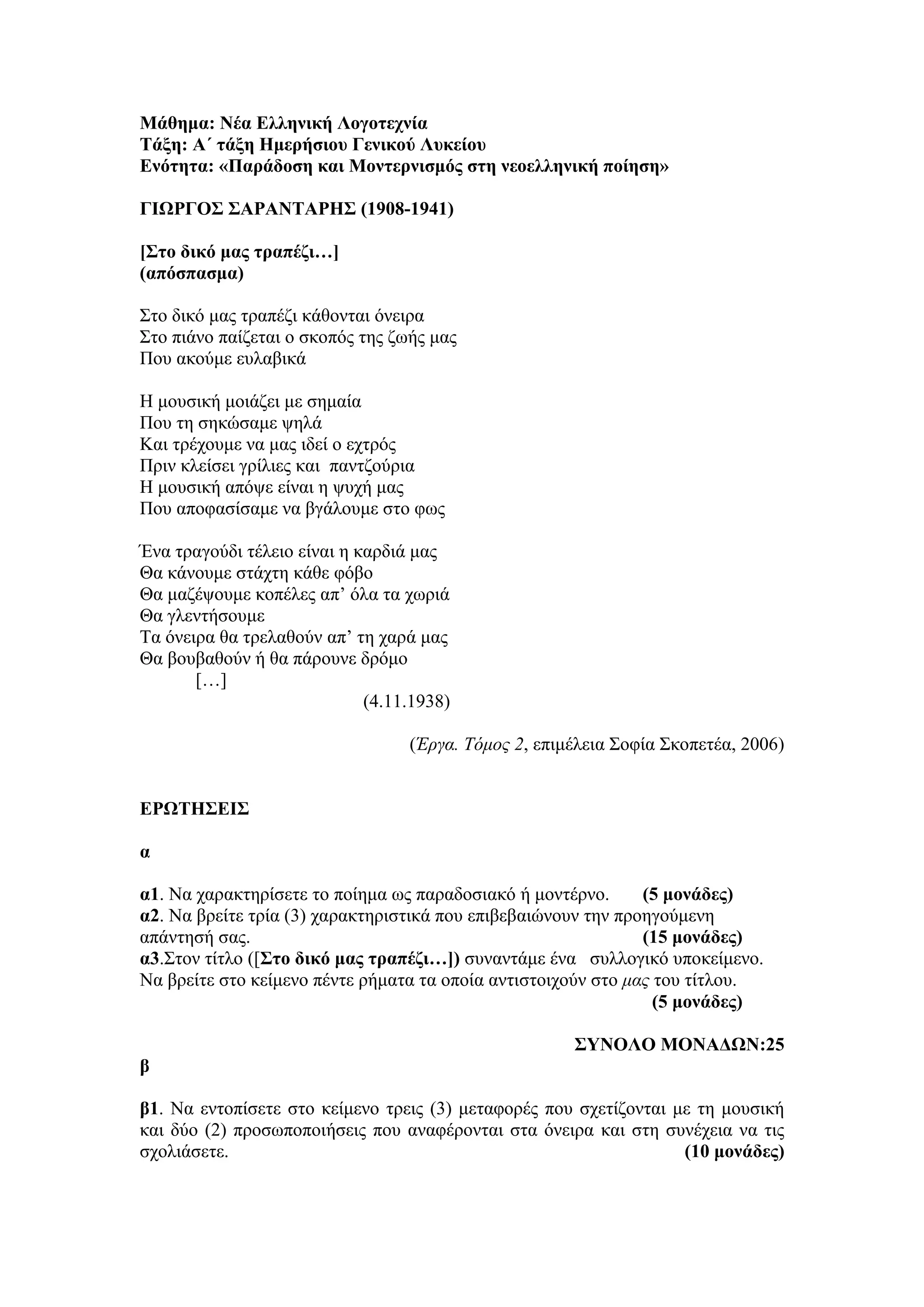 Μάθημα: Νέα Ελληνική Λογοτεχνία
Τάξη: Α΄ τάξη Ημερήσιου Γενικού Λυκείου
Ενότητα: «Παράδοση και Μοντερνισμός στη νεοελληνική ποίηση»
ΓΙΩΡΓΟΣ ΣΑΡΑΝΤΑΡΗΣ (1908-1941)
[Στο δικό μας τραπέζι…]
(απόσπασμα)
Στο δικό μας τραπέζι κάθονται όνειρα
Στο πιάνο παίζεται ο σκοπός της ζωής μας
Που ακούμε ευλαβικά
Η μουσική μοιάζει με σημαία
Που τη σηκώσαμε ψηλά
Και τρέχουμε να μας ιδεί ο εχτρός
Πριν κλείσει γρίλιες και παντζούρια
Η μουσική απόψε είναι η ψυχή μας
Που αποφασίσαμε να βγάλουμε στο φως
Ένα τραγούδι τέλειο είναι η καρδιά μας
Θα κάνουμε στάχτη κάθε φόβο
Θα μαζέψουμε κοπέλες απ’ όλα τα χωριά
Θα γλεντήσουμε
Τα όνειρα θα τρελαθούν απ’ τη χαρά μας
Θα βουβαθούν ή θα πάρουνε δρόμο
[…]
(4.11.1938)
(Έργα. Τόμος 2, επιμέλεια Σοφία Σκοπετέα, 2006)
ΕΡΩΤΗΣΕΙΣ
α
α1. Να χαρακτηρίσετε το ποίημα ως παραδοσιακό ή μοντέρνο. (5 μονάδες)
α2. Να βρείτε τρία (3) χαρακτηριστικά που επιβεβαιώνουν την προηγούμενη
απάντησή σας. (15 μονάδες)
α3.Στον τίτλο ([Στο δικό μας τραπέζι…]) συναντάμε ένα συλλογικό υποκείμενο.
Να βρείτε στο κείμενο πέντε ρήματα τα οποία αντιστοιχούν στο μας του τίτλου.
(5 μονάδες)
ΣΥΝΟΛΟ ΜΟΝΑΔΩΝ:25
β
β1. Να εντοπίσετε στο κείμενο τρεις (3) μεταφορές που σχετίζονται με τη μουσική
και δύο (2) προσωποποιήσεις που αναφέρονται στα όνειρα και στη συνέχεια να τις
σχολιάσετε. (10 μονάδες)
 