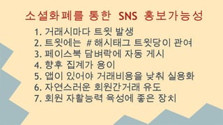소셜화폐를 통한 SNS 홍보가능성
1. 거래시마다 트윗 발생
2. 트윗에는 # 해시태그 트윗당이 관여
3. 페이스북 담벼락에 자동 게시
4. 향후 집계가 용이
5. 앱이 있어야 거래비용을 낮춰 실용화
6. 자연스러운 회원간거래 유도
7. 회원 자활능력 육성에 좋은 장치
 