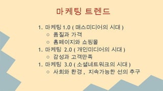 마케팅 트렌드
1. 마케팅 1.0 ( 매스미디어의 시대 )
o 품질과 가격
o 홈페이지와 쇼핑몰
1. 마케팅 2.0 ( 개인미디어의 시대 )
o 감성과 고객만족
1. 마케팅 3.0 ( 소셜네트워크의 시대 )
o 사회와 환경 , 지속가능한 선의 추구
 